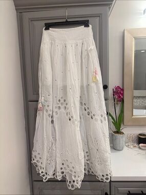 LoveShackFancy White Eyelet Maxi Skirt with Tassel Accents